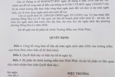 Quyết định về việc công bố công khai dự toán ngân sách năm 2026 của trường mầm non Ninhh Phúc