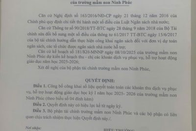 Quyết định về việc công bố công khai quyết toán các khoản thu dịch vụ phục vụ hỗ trợ hoạt động giáo dục HK I năm học 2025-2026 của trường mầm non Ninh Phúc